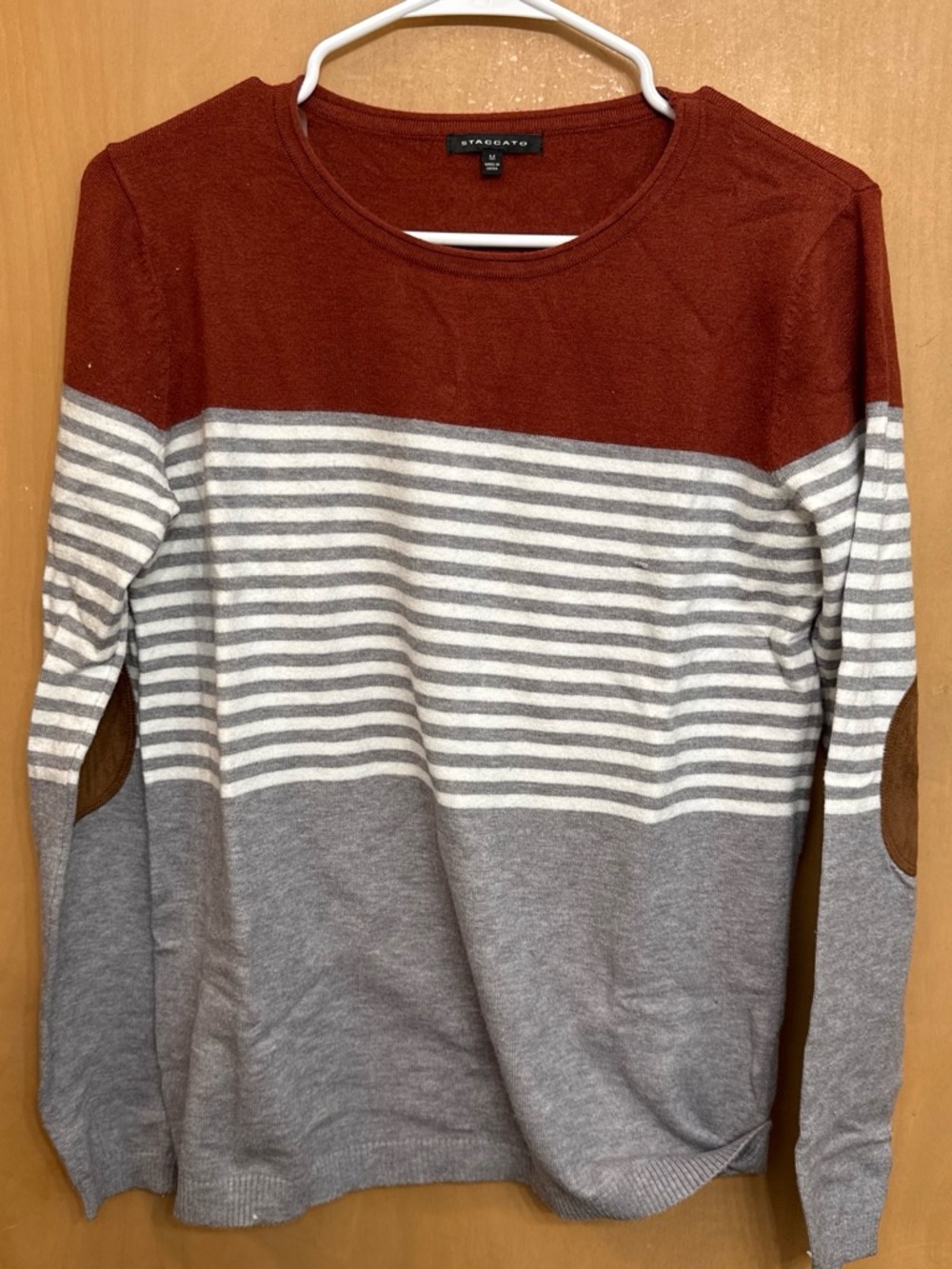 Staccato Rust Brown, Gray & White Striped Crewneck Sweater